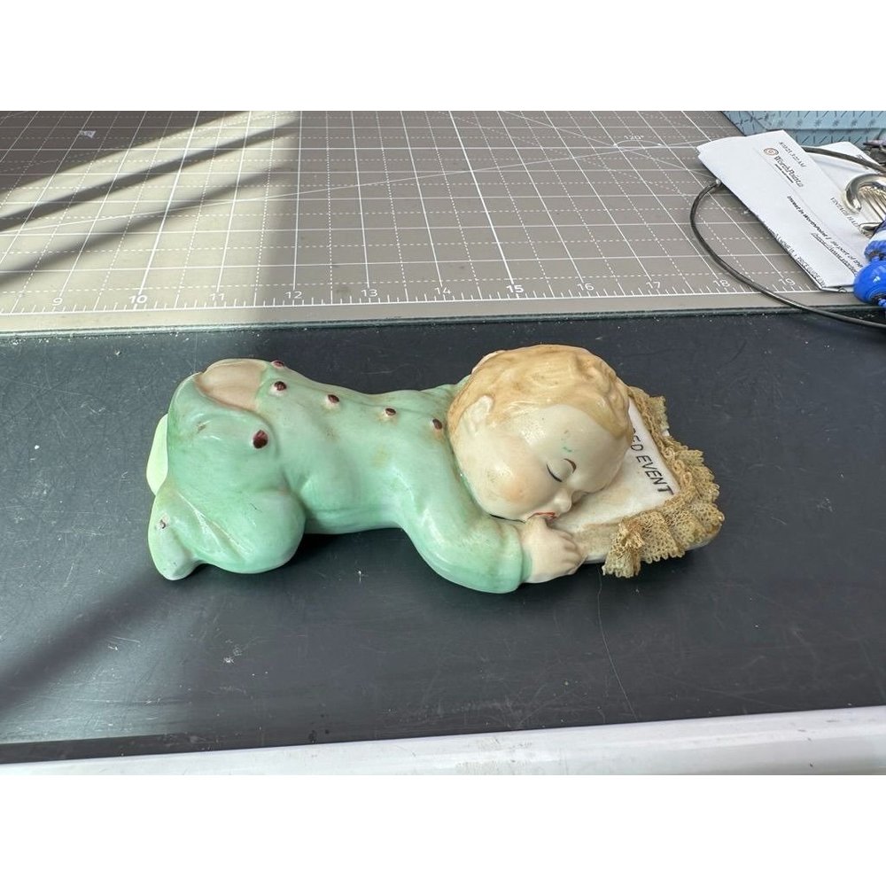 Vintage Japan Ceramic Figure Baby Sleeping Green PJ's Sucking Thumb Blessed Even